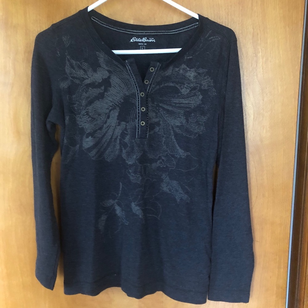 Eddie Bauer Black Long-Sleeve Henley Tee with Subtle Floral Print